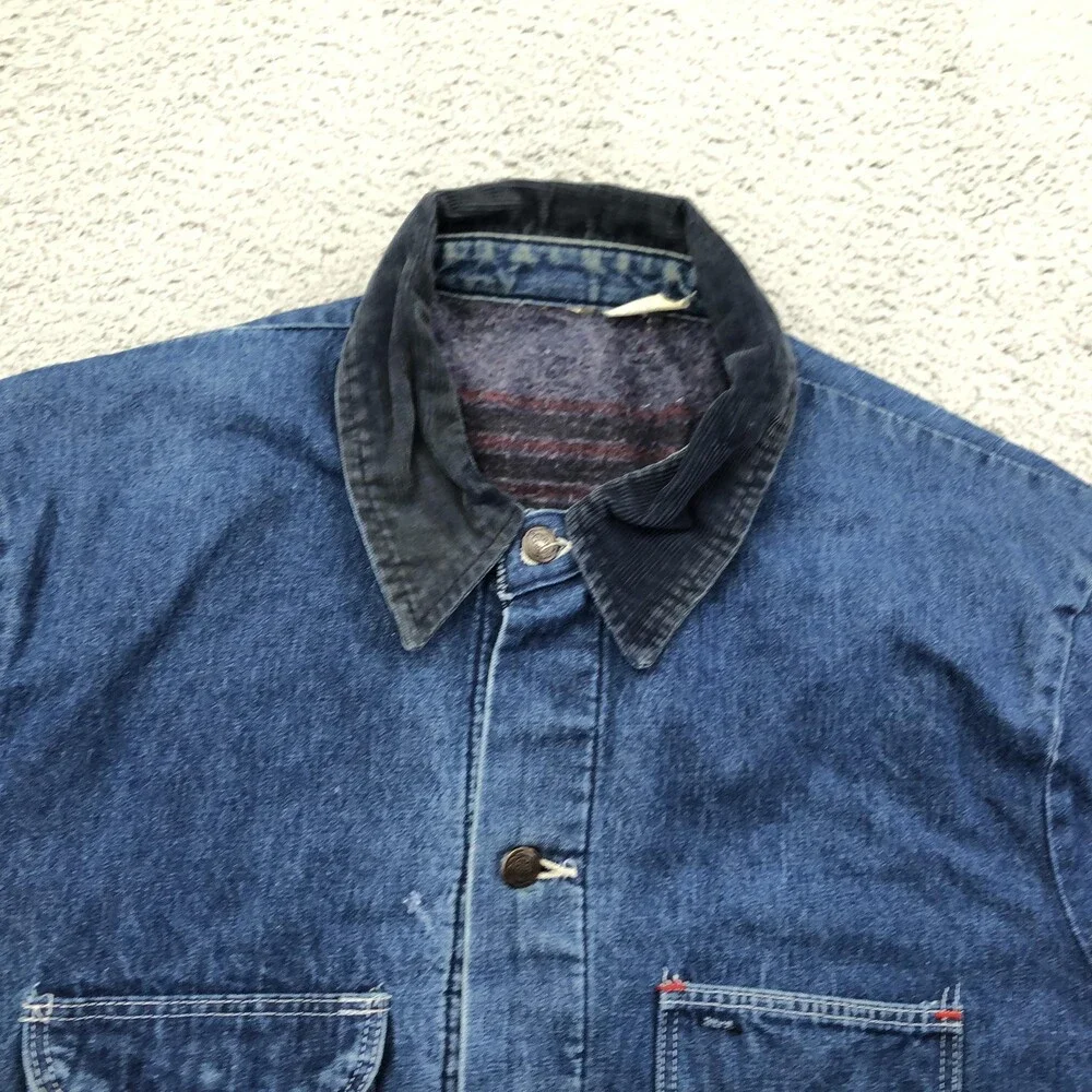 Vintage Denim Coat Mens 48 Blue Blanket Lined Chore Corduroy Collar USA Workwear